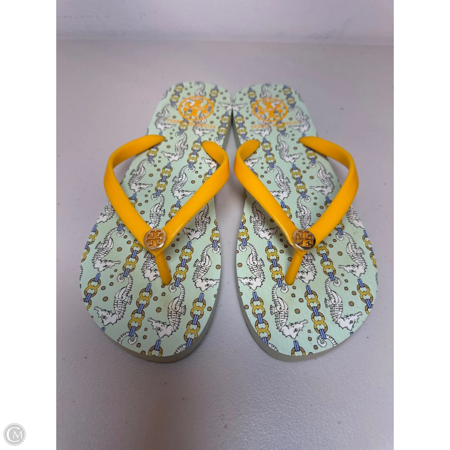 Sandals Designer By Tory Burch In Green & Yellow, Size: 7