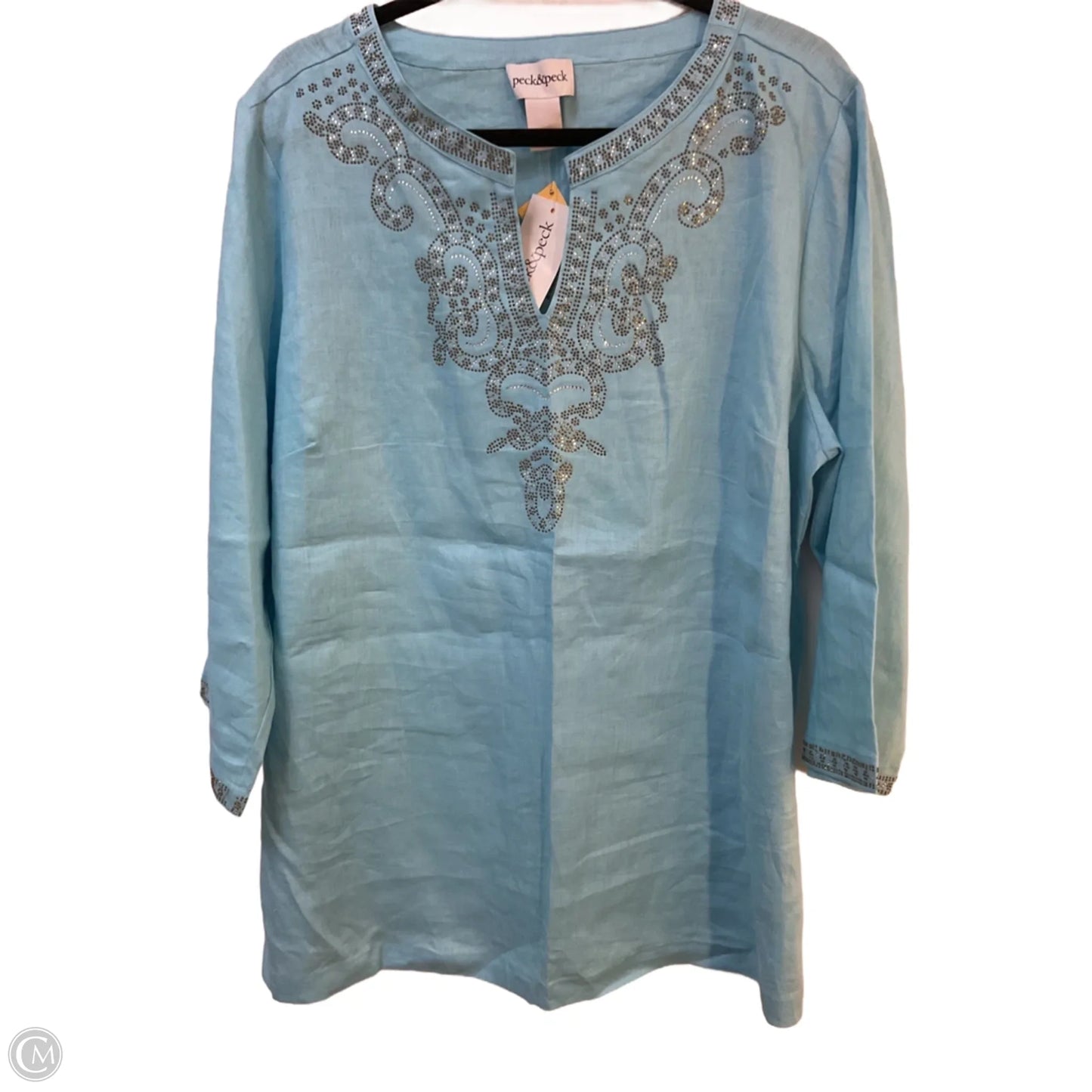 Tunic 3/4 Sleeve By Peck And Peck In Blue & Brown, Size: Xl