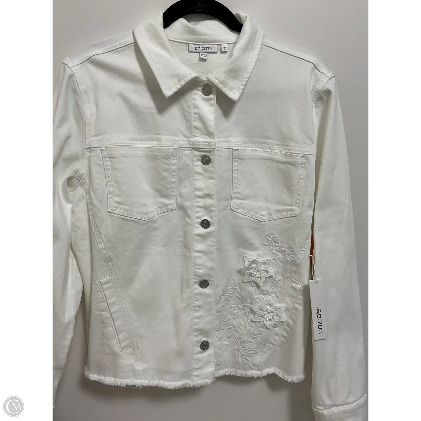 Jacket Denim By Chicos In White Denim, Size: L