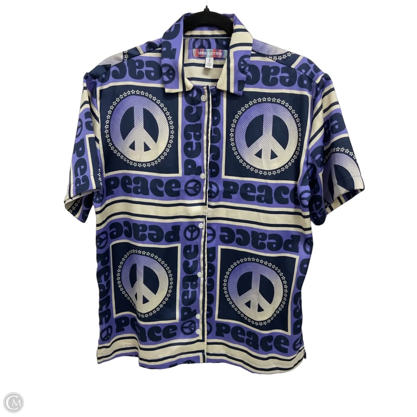 Blouse Short Sleeve By Urban Outfitters In Blue & Cream, Size: S