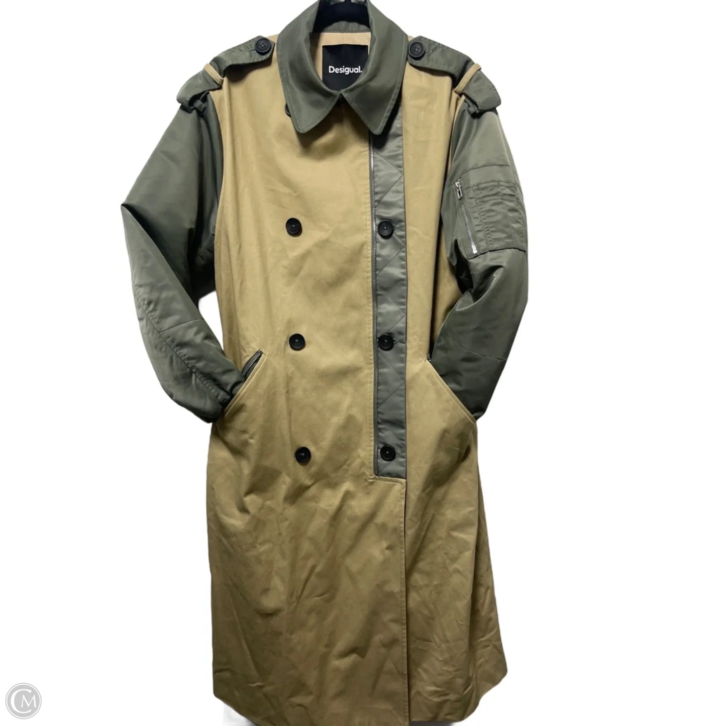 Coat Trench Coat By Desigual In Green & Tan, Size: Xl